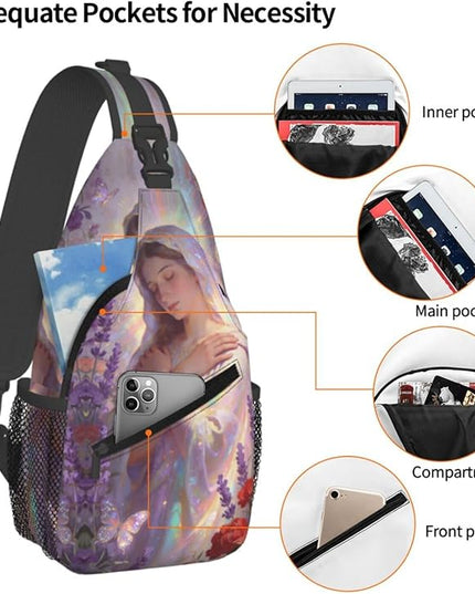 Our Lady of Guadalupe Sling Bag Crossbody Bags Clovers Chest Bag for Travel Hiking for Men Women Lavender Mary