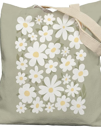 Sage Green Aesthetic Canvas Tote Bags, Floral Cute Flower Tote for Women, Reusable Grocery Shopping Bags