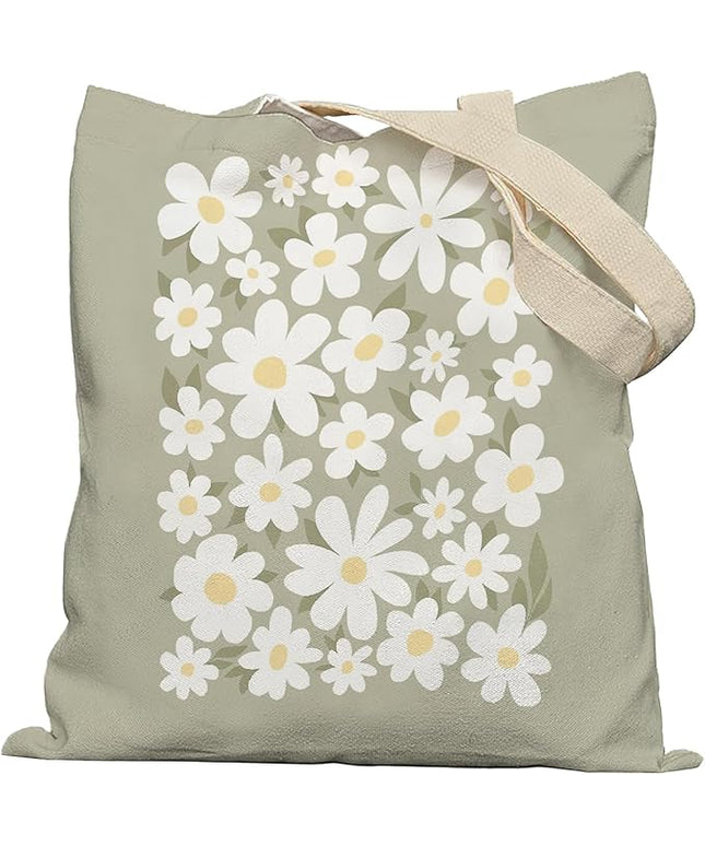 Sage Green Aesthetic Canvas Tote Bags, Floral Cute Flower Tote for Women, Reusable Grocery Shopping Bags