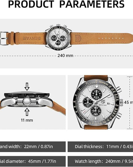 BY BENYAR Watch for Men Analog Quartz Chronograph Waterproof Luminous Designer Mens Wrist Watches Business Work Sport Casual Dress Watch with Silicone Strap Elegant Gifts for Men