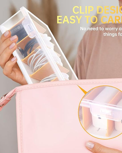 2 Pack Clear Cable Organizer Box with Lid, Plastic Charger Cable Cord Storage Organizer, Office Desk Organizers, Multifunctional Accessories Storage for Home Drawer Office, Stackable