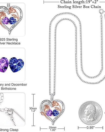 Iefil Christmas Gifts for Women Wife - 925 Sterling Silver Rose Heart Birthstone Necklace Birthday Anniversary Jewelry Gifts for Her Wife Mom Daughter