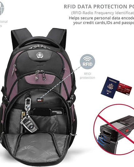 Swissdigital Design Laptop Backpack with USB Charging Port, Travel Backpack Fits 15.6 inches Computer, 31L College School Backpack for Women, Light Purple/Black | SD803-85