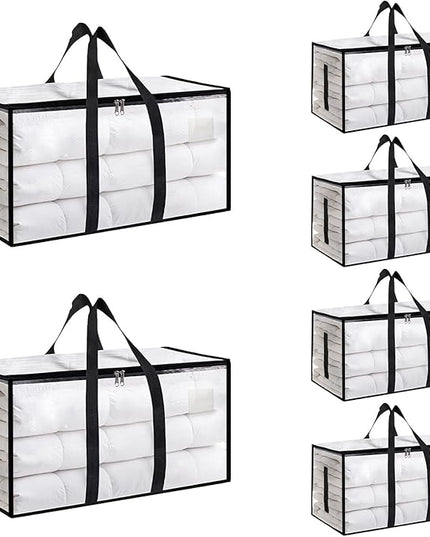 6 Pack-Extra Large Heavy Duty Moving Bags - Waterproof Storage Totes with Handles & Zippers, Foldable for College Dorm, Storage (Clear)