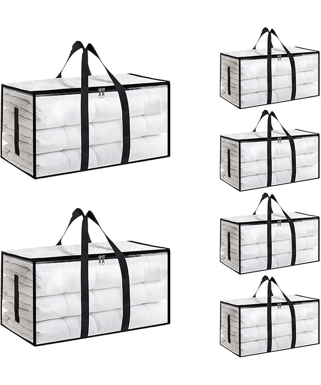 6 Pack-Extra Large Heavy Duty Moving Bags - Waterproof Storage Totes with Handles & Zippers, Foldable for College Dorm, Storage (Clear)
