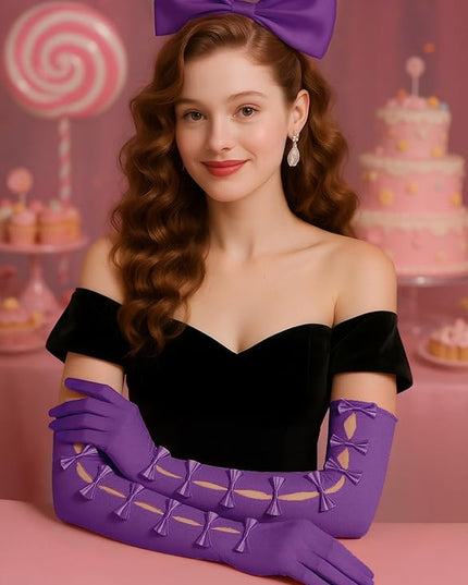 BABEYOND Lace Gloves for Women - Princess Gloves Long Stretchy Bow Mesh Tulle Sheer for Costume Opera Party