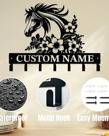 Personalized Custom Name Farm Horse Wall Key Hooks,Metal Horse Art Clothes Hooks,Metal Horse Wall Home Storage Decorative,For Front Door, Hallway, Kitchen, Bedroom,Keys,Hats (Style I)