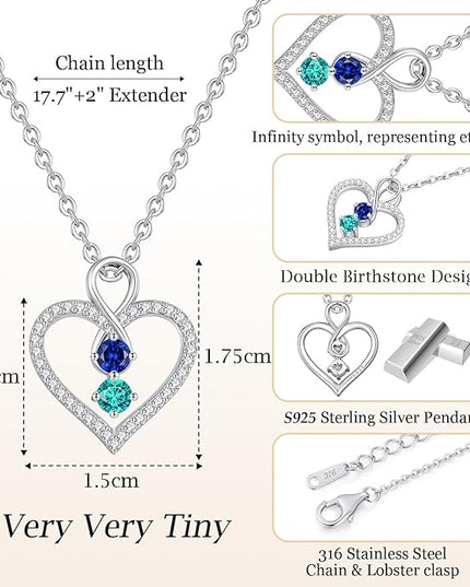 LOUISA SECRET Infinity Double Birthstone Necklace, 925 Sterling Silver Tiny Pendant Heart Necklace for Women Wife Her, Best Jewelry Gift Heart Jewelry Meaningful Gift for Valentine's Day, Christmas, Birthday Anniversary