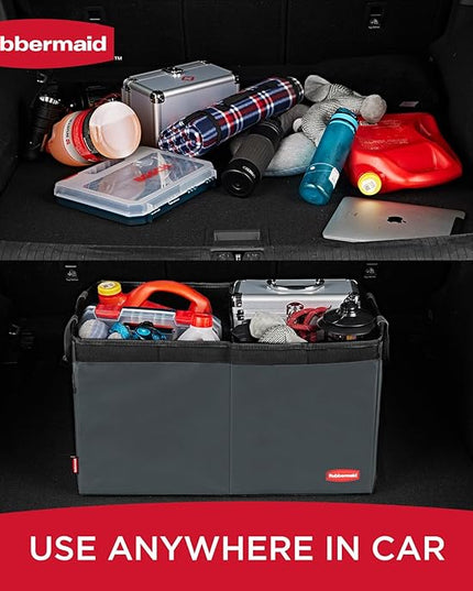 Rubbermaid Car Organizer, Collapsible Trunk Organizer, Multi-Compartment Car Storage Organization for Car Accessories, 2 Compartments With Cover, 21.65"*14.17"*12.2" - Gray