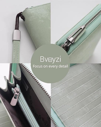 Bveyzi Women RFID Blocking Wallet Leather Zip Around Phone Clutch Large Capacity Ladies Travel Purse Wristlet | RFID Blocking, Zip Around, Large Capacity