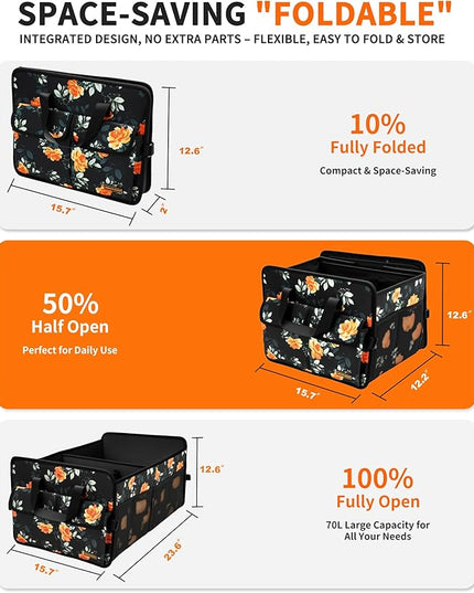 Sturdy Car Trunk Organizer – Large Capacity Trunk Organizer for SUVs & Sedans, Hard-Shell One-Piece Design with Cute Print, Collapsible and Durable Car Organizers (Flower 70L)