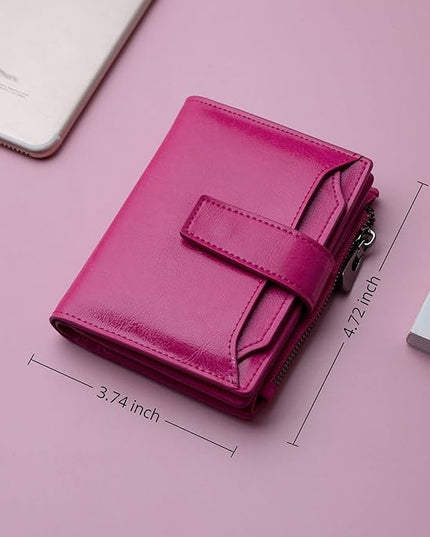 Bveyzi Women's Small Leather RFID Blocking Bifold Zipper Pocket Wallet Ladies Credit Card Slots Purse with id Window