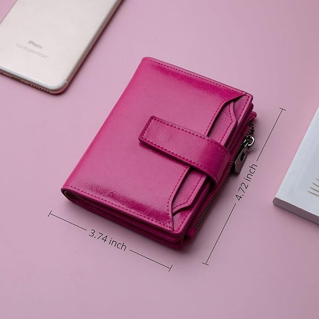 Bveyzi Women's Small Leather RFID Blocking Bifold Zipper Pocket Wallet Ladies Credit Card Slots Purse with id Window