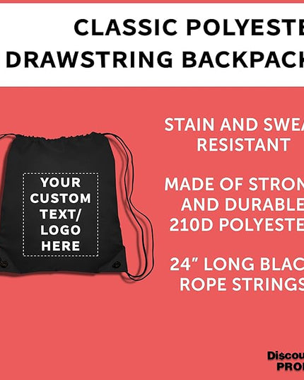 DISCOUNT PROMOS Custom Classic Polyester Drawstring Bagpack Set of 10/50/100, Personalized Bulk Pack - Great for Travelling, Gym and for Everyday Use - Black