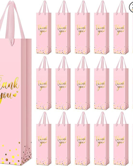 Ctosree 30 Pcs Wine Bottle Gift Bag with Handle 4.3x3.5x13.7 Liquor Paper Bag for Thank You Favor Gold Foil Kraft Whiskey Tote Carrier for Wedding Birthday Bridal Valentine's day Party(Pink)