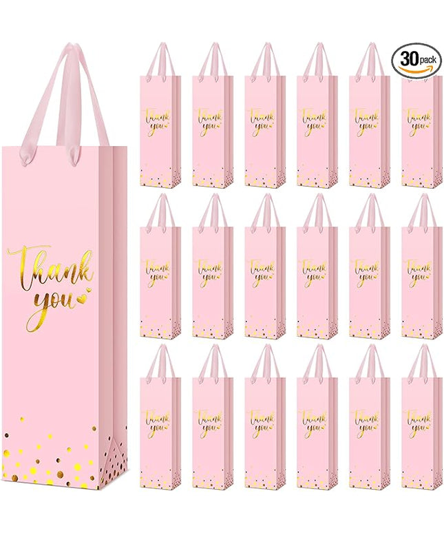 Ctosree 30 Pcs Wine Bottle Gift Bag with Handle 4.3x3.5x13.7 Liquor Paper Bag for Thank You Favor Gold Foil Kraft Whiskey Tote Carrier for Wedding Birthday Bridal Valentine's day Party(Pink)