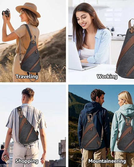 KL928 Canvas Sling Bag for Men Women, Genuine Leather Design Shoulder Crossbody Bags Backpacks Travel Daypack with Earphone Hole Rucksack, Black