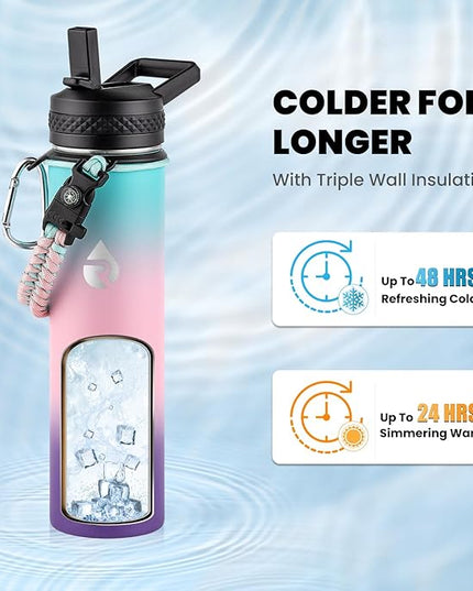 Insulated Water Bottle 24oz, Triple Wall Vacuum Stainless Steel (Cold for 48 Hrs, Hot for 24Hrs), Leak Proof & Non-BPA, 24oz Hydro Water Flask with Paracord Handle & Straw Spout Lids
