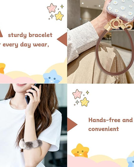 2 Pcs Phone Charm Wrist Strap with Tether Tab, Double Anti Lost Fluff Ball Beaded Wrist Lanyard, Detachable Leather Phone Charms for Bag, Key Chains, Camera Decor