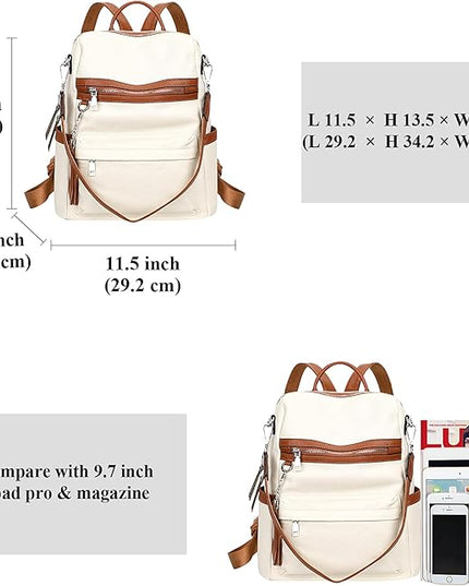 ALTOSY Genuine Leather Backpack Purse for Women Convertible Shoulder bag Soft Crossdody Bag with Laptop Compartment Large (S108 White/Brown)