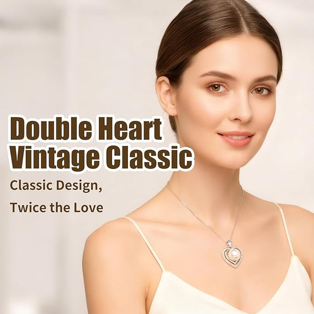 Gifts for Wife Pearl Double Heart I Love You Forever Necklace Jewelry for Women Anniversary Women Necklaces Birthday Gift Ideas, Mothers Day Valentines Christmas for Girlfriend Mom Daughter