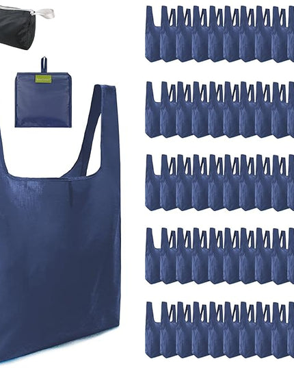 BeeGreen Navy Blue Reusable Grocery Bags Wholesale Reusable Kitchen Bags Bulk Foldable-Machine Washable with Zipper Storage Pouch 50 Packs