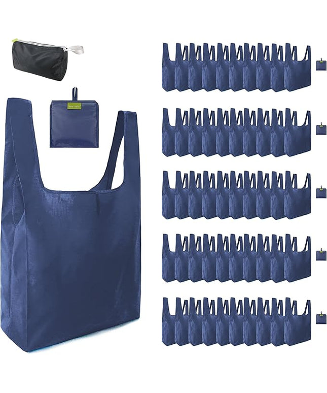 BeeGreen Navy Blue Reusable Grocery Bags Wholesale Reusable Kitchen Bags Bulk Foldable-Machine Washable with Zipper Storage Pouch 50 Packs