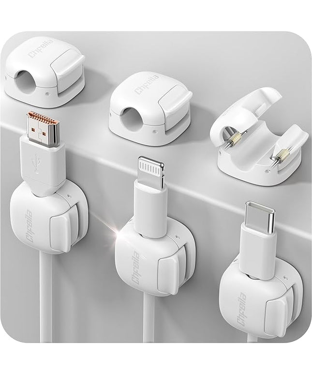 6Pack Cord Organizer, Chfeila Compact Dual Spring & Clasp Lock Cable Management Clips, Adhesive Phone Charger Keeper, Wire Holder for Nightstand/Wall/Car, Home Office Desk Accessories Decor Essentials