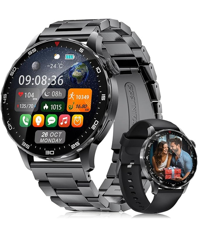 Smartwatch for Men with Compatible Android iOS,1.43" AMOLED Display Screen Bluetooth Calling Fitness Tracker with 100+ Sports Modes, Heart Rate & SPO₂ Monitor, P68 Waterproof, 2 Bands Included
