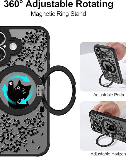 Cute Case for iPhone 17 Case with Stand [ Compatible with MagSafe ] Kawaii Black Cat & Floral & Butterflies Pattern Design 360 Magnetic Ring Kickstand Phone Cover for Women Girls Boys