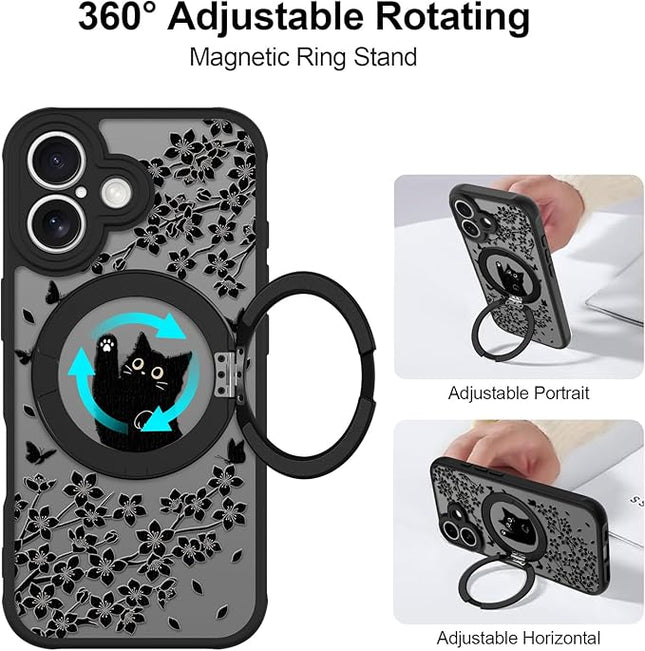 Cute Case for iPhone 17 Case with Stand [ Compatible with MagSafe ] Kawaii Black Cat & Floral & Butterflies Pattern Design 360 Magnetic Ring Kickstand Phone Cover for Women Girls Boys