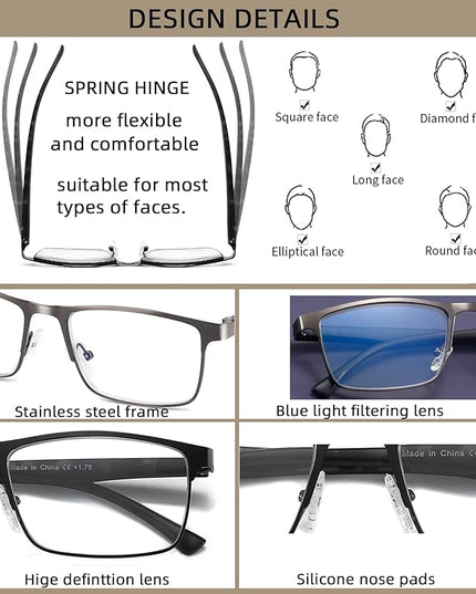 4-Pack Mens Reading Glasses Blue Light Blocking,Spring Hinge Stylish Metal Full Frame Readers for Men Anti Glare Filter Eyeglasses +4.0