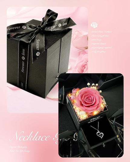 Birthday Gifts for Women, Preserved Real Roses with Heart Necklace I Love You in 100 Languages, Romantic Anniversary Wedding Gifts for Women Her Girlfriend Wife, Forever Roses Necklace Gift Box Pink