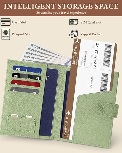 Genuine Leather Passport Holder for Women Men, Hidden Airtag Pocket, RFID Blocking, Zippered Coins Pocket & Cash Compartment Travel Gifts Essentials Passport Cover Case - Light Green