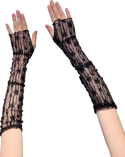 SHENHE Women's Sheer Lace Tulle Gloves Fingerless Elbow Length Arm Sleeves Mittens