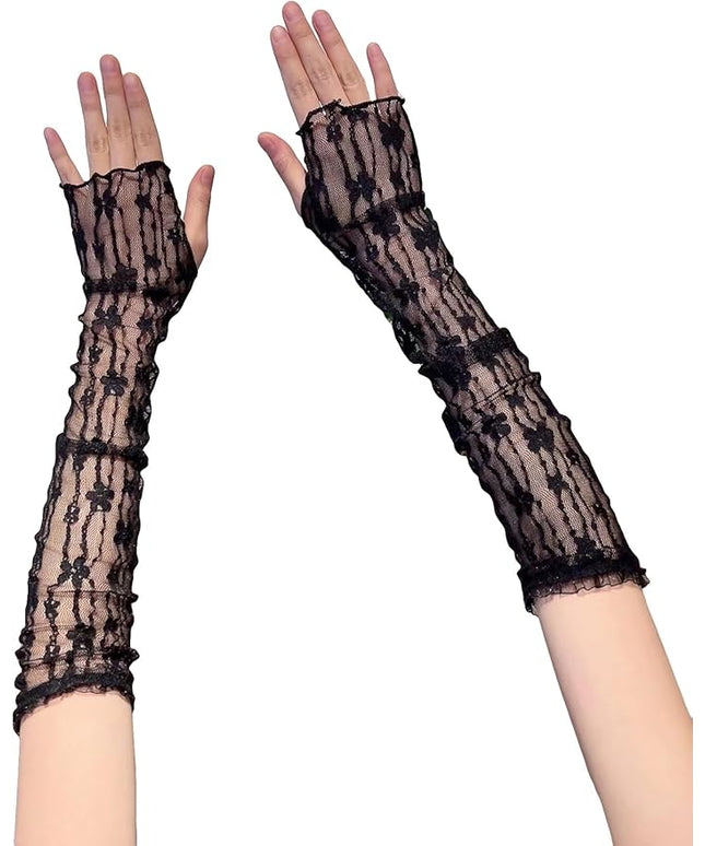 SHENHE Women's Sheer Lace Tulle Gloves Fingerless Elbow Length Arm Sleeves Mittens