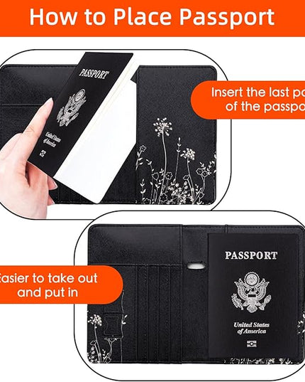 WALNEW Passport Holder for Travel, RFID Passport Cover Wallet for Women Men, PU Leather Passport Book Card Holder Case with Pen (Elastic Band Closure, D-Black Flowers)