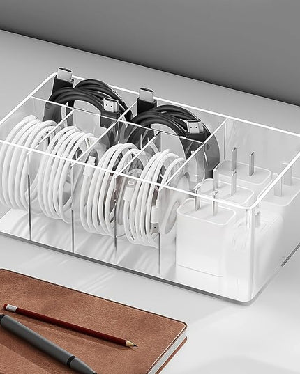 Charger Cable Cord Storage Organizer Easy Storage Without Ties Charger Cable Organizer Cable Management Boxes - 1 Pack（Transparent）