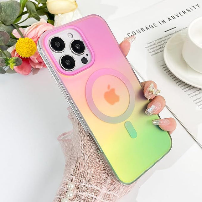 Aesthetic Case for iPhone 16 Pro Case for Women Girls, Compatible with Magsafe, Cute Girly Trendy Glitter Sparkly Rainbow Magnetic Protective Phone Cover, Matte Iridescent Pink & Green