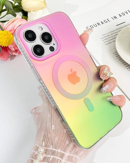 Aesthetic Case for iPhone 16 Pro Max Case for Women Girls, Compatible with Magsafe, Cute Girly Trendy Glitter Sparkly Rainbow Magnetic Protective Phone Cover, Matte Iridescent Pink & Green