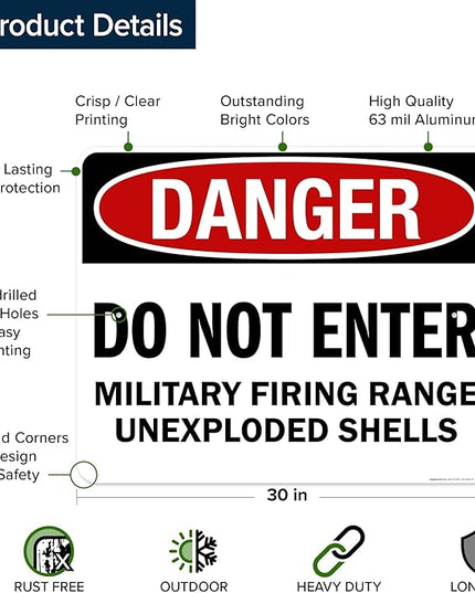 Danger Do Not Enter Military Firing Range Unexploded Shells Sign, 24x30 Inches, Rust Free .063 Aluminum, Fade Resistant, Made in USA by My Sign Center