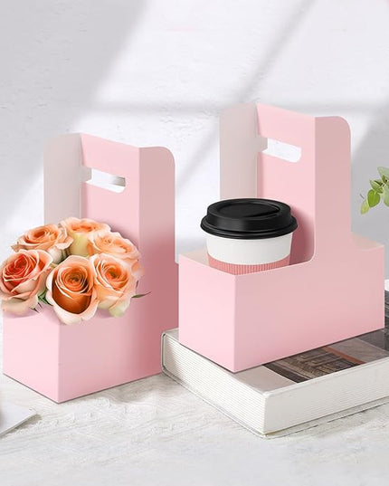 Bakbania 40 Pcs Paper Flower Bouquet Gift Bags with Handle 2 Cup Drink Carrier Disposable Cup Holder Floral Gift Bags for Graduation Birthday Wedding Party Gift Decor