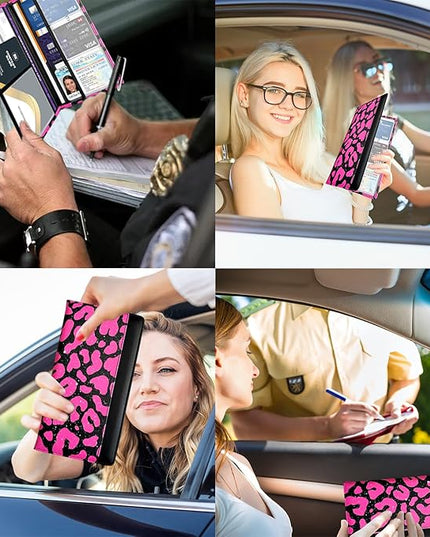Car Registration and Insurance Holder with Magnetic Closure, Universal Document Organizer for License, Insurance Cards & Glove Box Storage (Leopard-Glitter Hot Pink)
