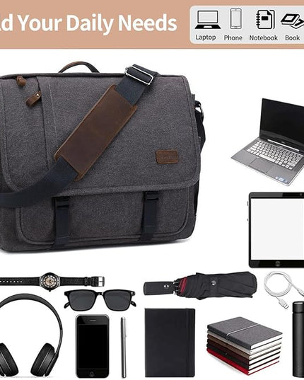 Nerlion Messenger Bag for Men 17-17.3 Inch Laptop Bag Canvas Water-resistant Computer Bag Shoulder Bag Work Briefcase Bookbag for College (Gray)