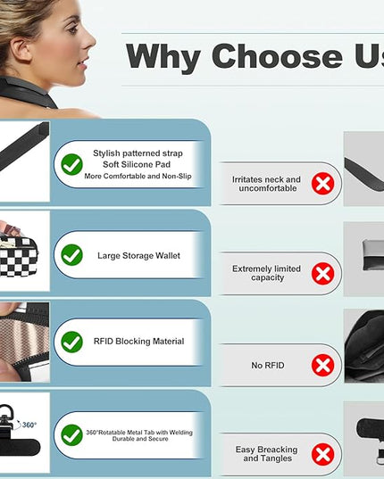 Clip and Go Strap for Phone with Wallet Crossbody, Adjustable Phone Lanyard with Detachable RFID Wristlet Wallet, Phone Strap with Phone Tabs for All Phones, Black Checkered (L)