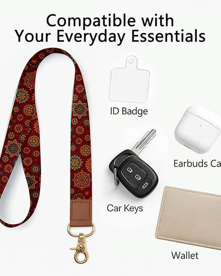 Cell Phone Lanyard with Wrist Strap, Red Boho Neck Lanyard for Phones, Keychain, Wallet and ID Badge – Universal Set
