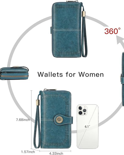 SENDEFN Wallet for Women RFID Blocking Leather Clutch Long Purse Large Capacity Credit Card Holder Wristlet