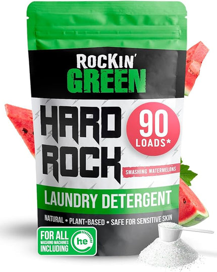 Rockin' Green Hard Rock Laundry Detergent for Hard Water (90 Loads), Plant based, Natural Laundry Detergent Powder, Biodegradable Odor Fighter, Safe for Sensitive Skin, 45 oz (Smashing Watermelons)