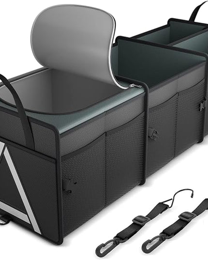 K KNODEL Sturdy Car Trunk Organizer with Premium Insulation Cooler Bag, 3 Compartments Heavy Duty Collapsible for Car, SUV, Truck, or Van (Large, Black)
