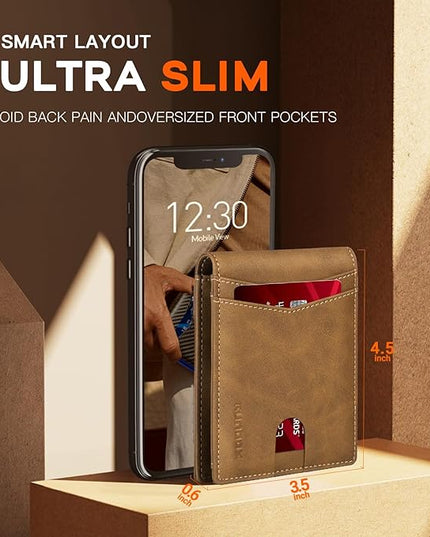 RUNBOX Wallet for Men Slim Leather Bifold RFID Blocking Minimalist Front Pocket Design with Gift Box